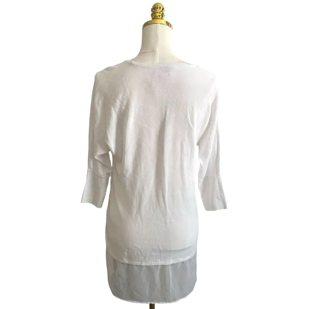 Chico's Sheer Hem Pullover Sweater Tunic Small White Woven 3/4 Sleeves EUC